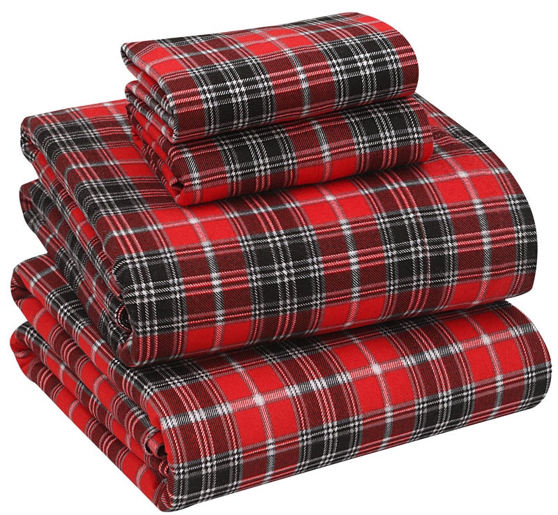 RUVANTI Flannel Sheets King Size - 100% Cotton Brushed King Size Sheets Set - Deep Pockets 16 Inches Bed Sheets - All Seasons Breathable & Extra Soft - Warm & Cozy, 4 Piece, Red Plaid - Image 1